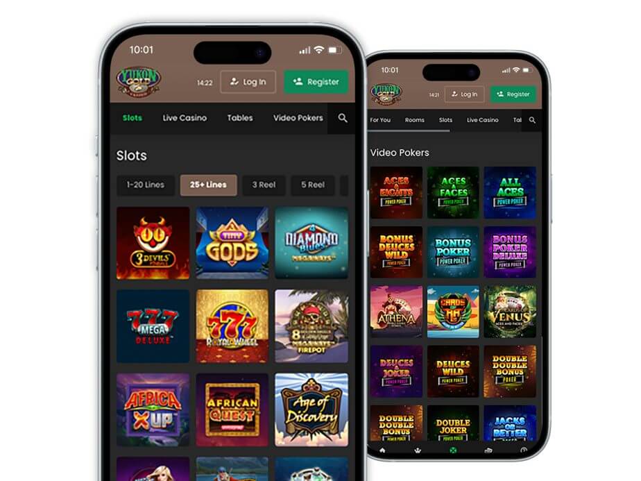 Casino app displayed on an iPhone alongside another iPhone showing various casino games.